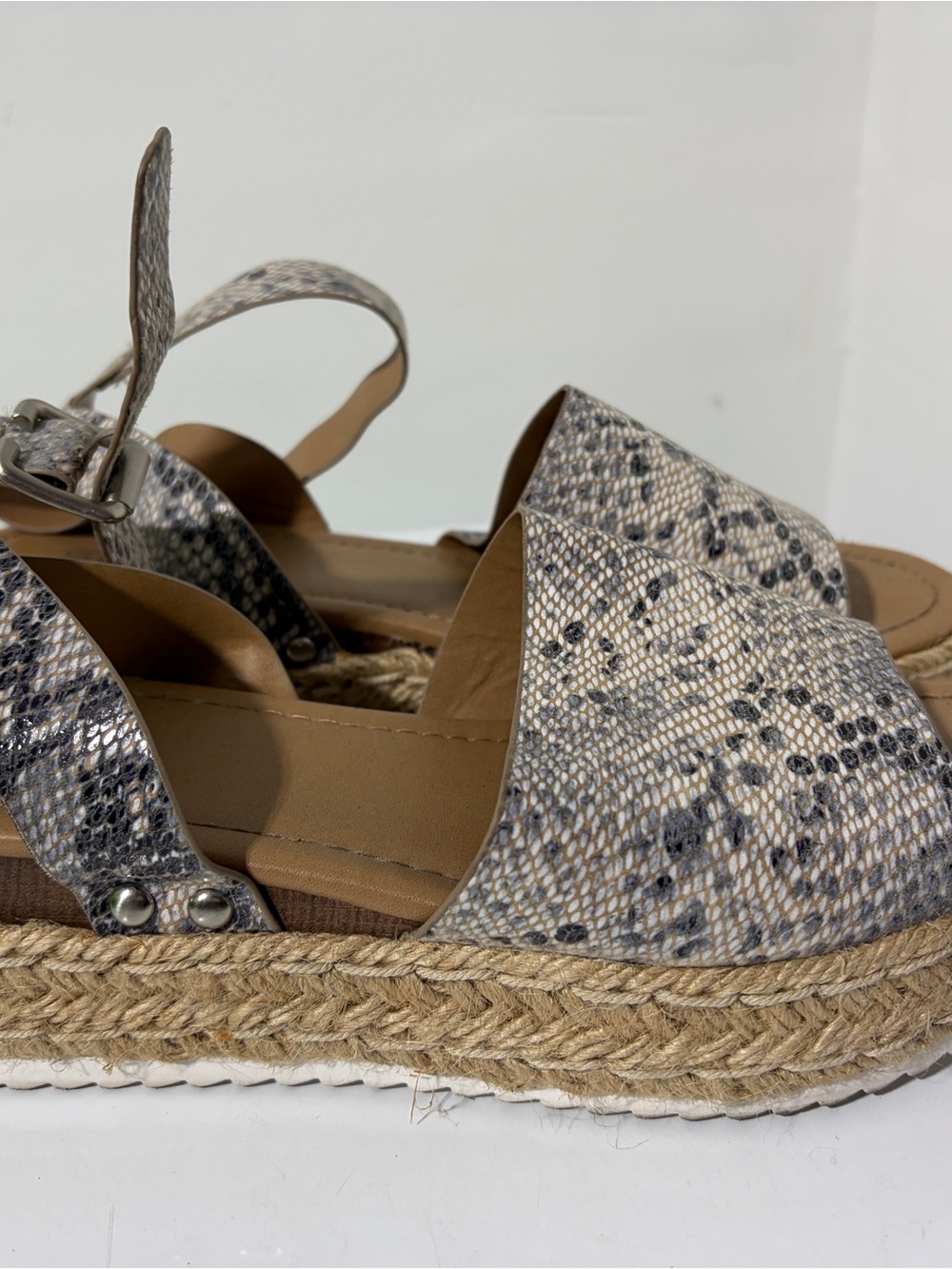 Snake-Print Espadrille Wedge Sandals - Beige